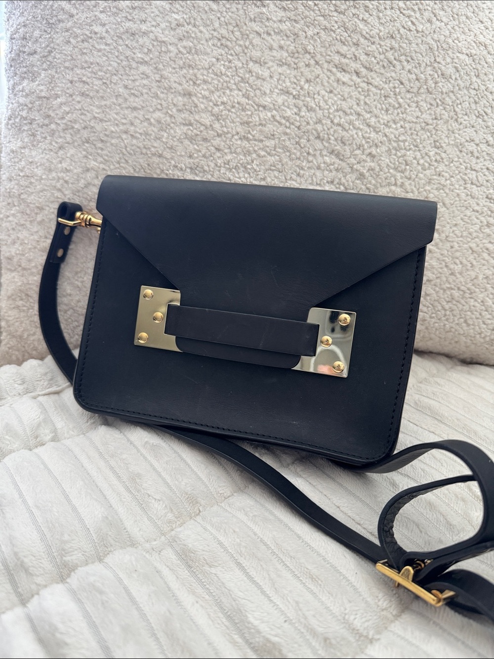 Sophie Hulme Black Leather Crossbody Bag with Gold Hardware